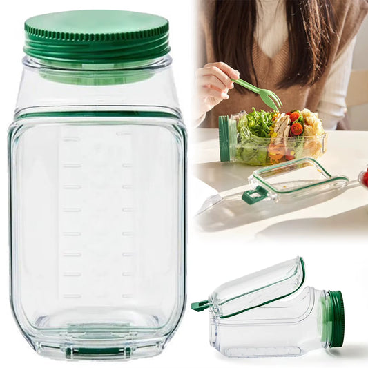 Portable Salad Container with a Side-Opening Leakproof Mason Jar Style Salad Box Wet/Dry Separation Breakfast Fruit Storage Box