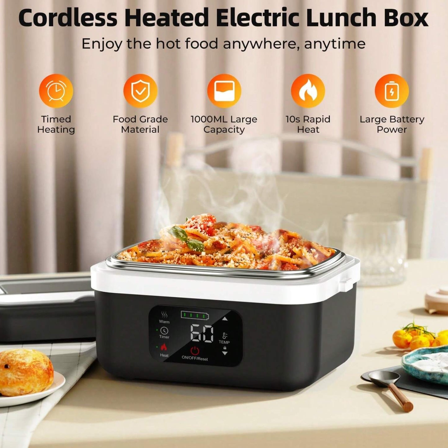 Adult Wireless Electric Heating Lunch Box, 8000Mah Rechargeable Timer Automatic Heating Lunch Box, 1L Portable Self-Heating Food Warmer with Fork and Spoon and Insulated Carrying Bag, Suitable for Office, Picnic, Car and Travel Outdoor Use