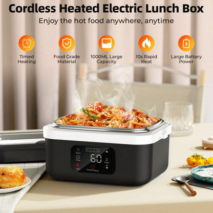 Adult Wireless Electric Heating Lunch Box, 8000Mah Rechargeable Timer Automatic Heating Lunch Box, 1L Portable Self-Heating Food Warmer with Fork and Spoon and Insulated Carrying Bag, Suitable for Office, Picnic, Car and Travel Outdoor Use
