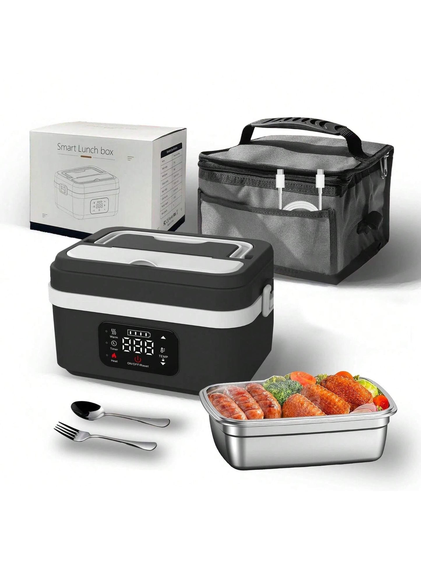 Adult Wireless Electric Heating Lunch Box, 8000Mah Rechargeable Timer Automatic Heating Lunch Box, 1L Portable Self-Heating Food Warmer with Fork and Spoon and Insulated Carrying Bag, Suitable for Office, Picnic, Car and Travel Outdoor Use