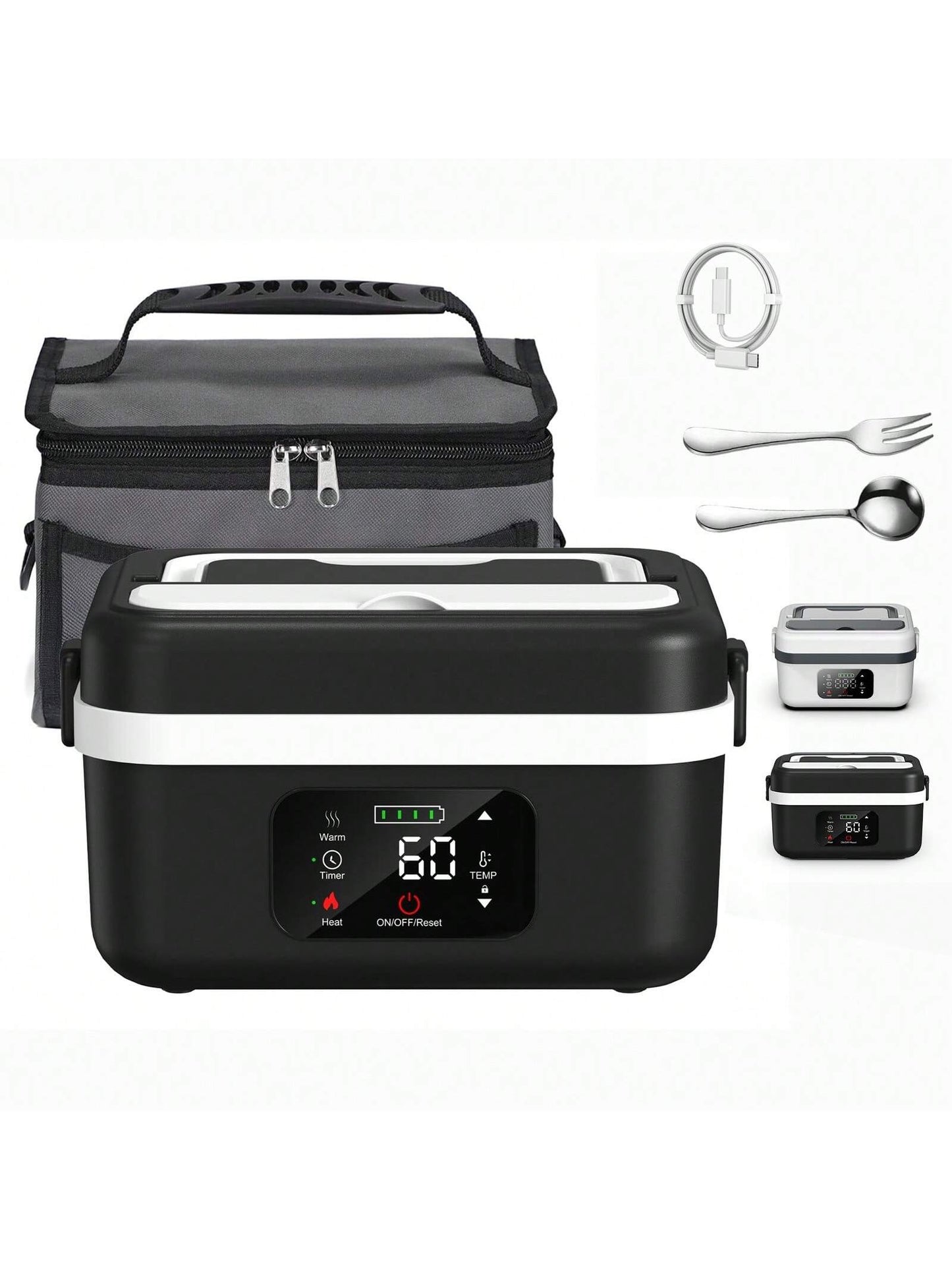 Adult Wireless Electric Heating Lunch Box, 8000Mah Rechargeable Timer Automatic Heating Lunch Box, 1L Portable Self-Heating Food Warmer with Fork and Spoon and Insulated Carrying Bag, Suitable for Office, Picnic, Car and Travel Outdoor Use