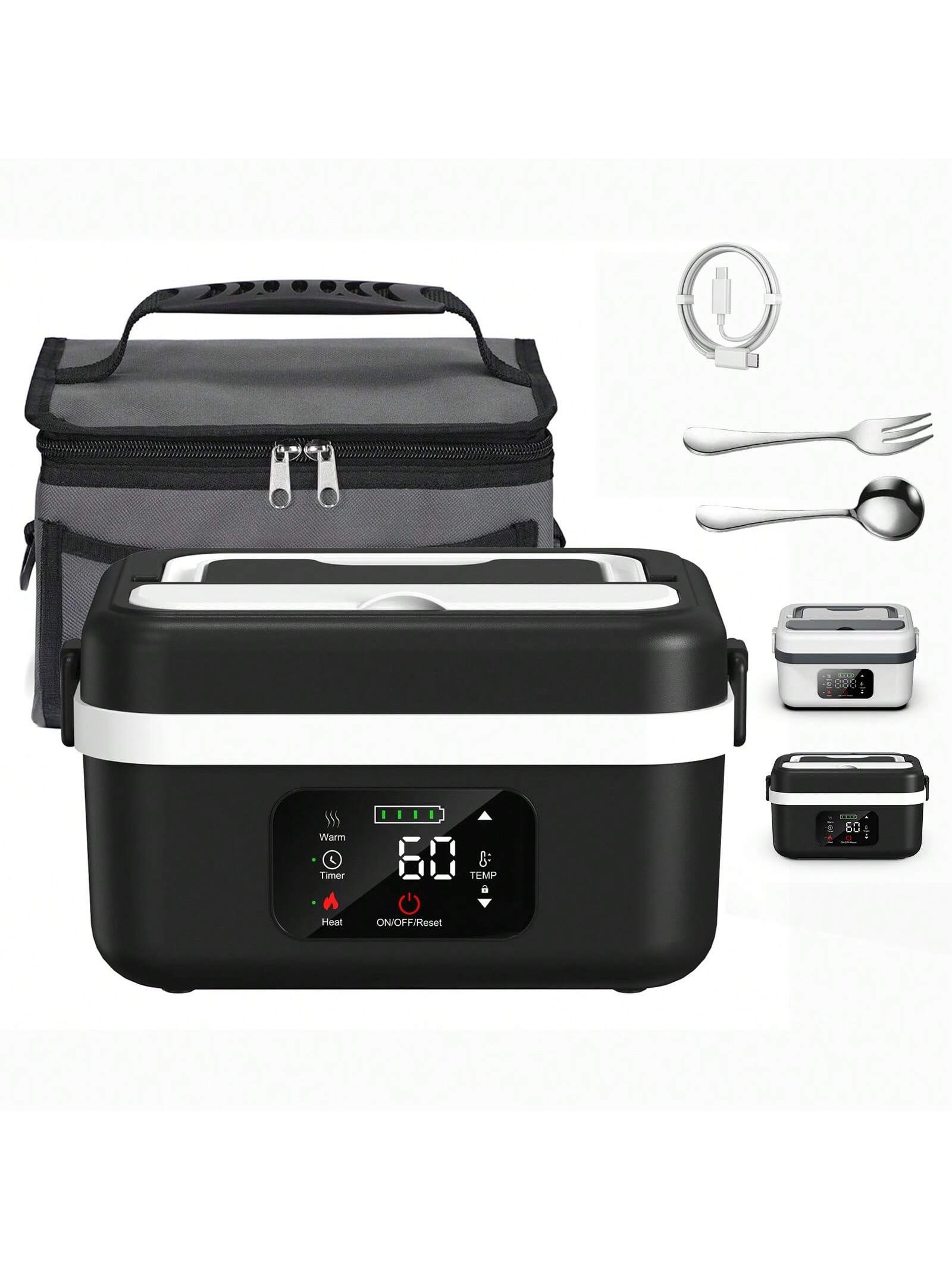 Adult Wireless Electric Heating Lunch Box, 8000Mah Rechargeable Timer Automatic Heating Lunch Box, 1L Portable Self-Heating Food Warmer with Fork and Spoon and Insulated Carrying Bag, Suitable for Office, Picnic, Car and Travel Outdoor Use