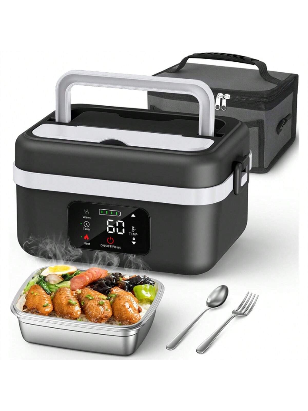 Adult Wireless Electric Heating Lunch Box, 8000Mah Rechargeable Timer Automatic Heating Lunch Box, 1L Portable Self-Heating Food Warmer with Fork and Spoon and Insulated Carrying Bag, Suitable for Office, Picnic, Car and Travel Outdoor Use
